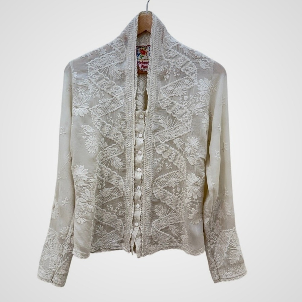Rare Johnny Was S Embroidered Floral Lace Blouse Sheer Bohemian Western Prairie